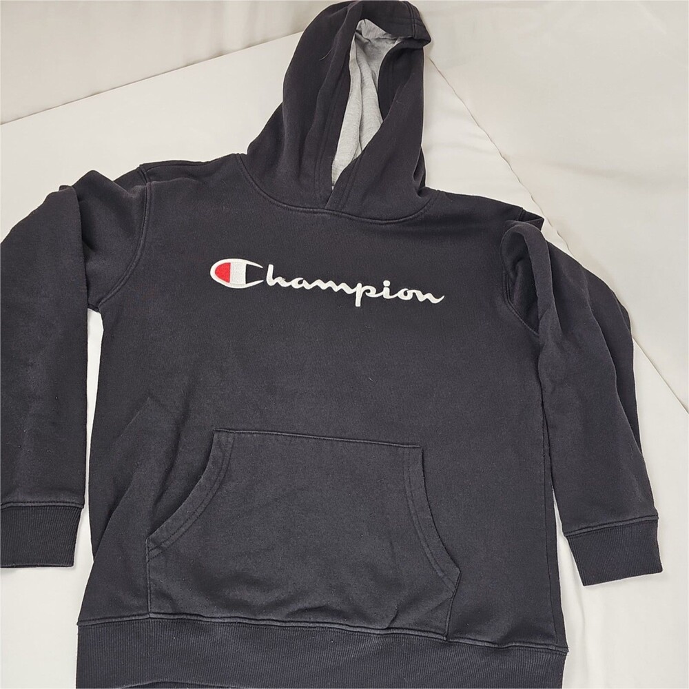 Champion Youth XL Black Script Logo Hoodie Pullover Sweatshirt Kangaroo Pocket